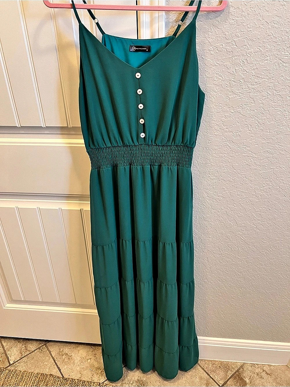 PRETTYGARDEN Women's V Neck Button Front Spaghetti Strap Smocked Tiered Maxi